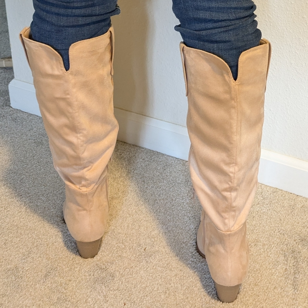 Coutgo Nude Faux Suede Knee High Boots Block Heel Pointed Toe - Picture 10 of 12